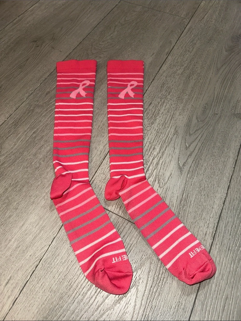 Pink Striped Compression Knee-High Socks with Breast Cancer Ribbon